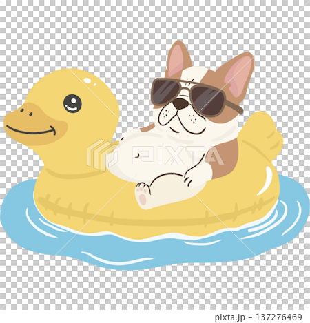 A relaxed French bulldog wearing sunglasses while lounging on a yellow duck float in the water. 137276469