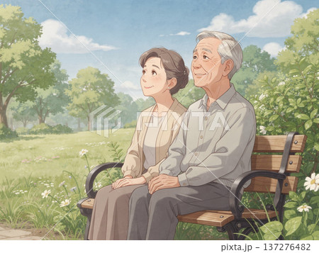 ベンチに座るシニア夫婦 137276482