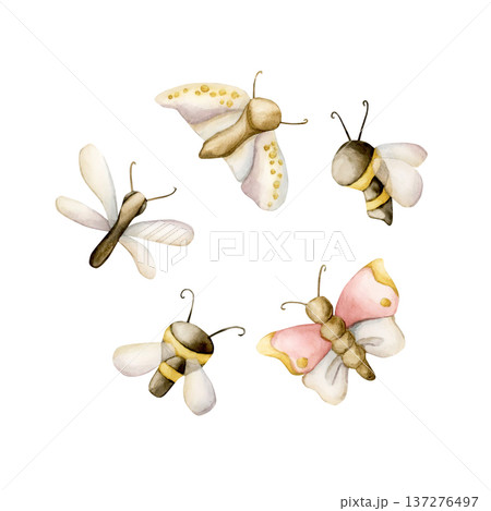 Cute insects Set. Butterfly Bee Dragonfly Moth Watercolor illustration hand painted isolated on white background for nursery baby kids design spring summer cards posters fabrics textile fresh prints Cute insects Set. Butterfly Bee Dragonfly Moth Watercolor illustration hand painted isolated on white background for nursery baby kids design spring summer cards posters fabrics textile fresh prints 137276497