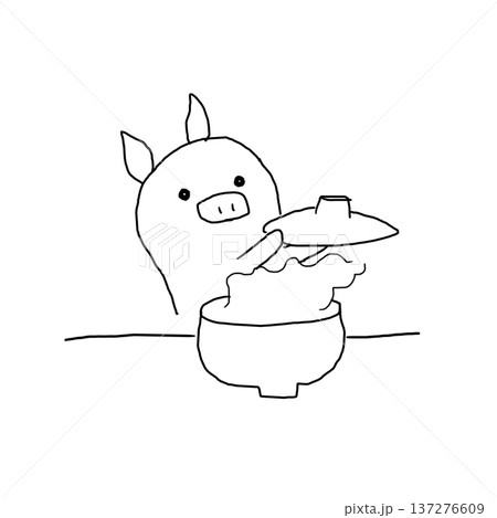 丼のフタを開けて中身を覗くかわいいブタ 丼のフタを開けて中身を覗くかわいいブタ 137276609