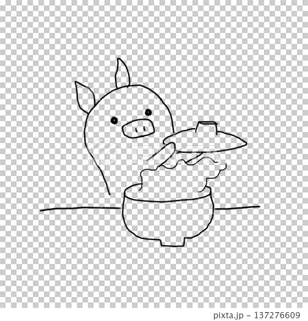 丼のフタを開けて中身を覗くかわいいブタ 丼のフタを開けて中身を覗くかわいいブタ 137276609