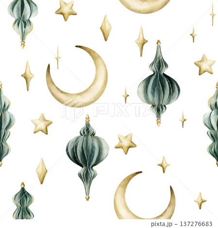 Turquoise lanterns crescent moon with stars seamless pattern. Watercolor hand painted illustration isolated on white background for Ramadan Kareem design Muslim holiday Eid Mubarak Al Fitr Adha Arabic 137276683