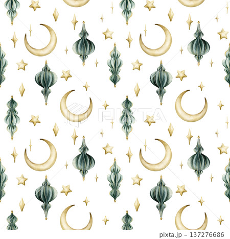 Turquoise lanterns crescent moon with stars seamless pattern. Watercolor hand painted illustration isolated on white background for Ramadan Kareem design Muslim holiday Eid Mubarak Al Fitr Adha Arabic 137276686
