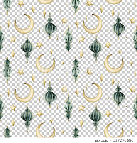 Turquoise lanterns crescent moon with stars seamless pattern. Watercolor hand painted illustration isolated on white background for Ramadan Kareem design Muslim holiday Eid Mubarak Al Fitr Adha Arabic 137276686