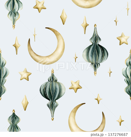 Turquoise lanterns crescent moon with stars seamless pattern. Watercolor hand painted illustration isolated on blue background for Ramadan Kareem design Muslim holiday Eid Mubarak Al Fitr Adha Arabic 137276687