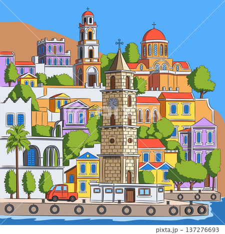 Colorful Symi Greece architectural skyline vector illustration 137276693
