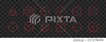 Crosshair Hud red. Target lock and aim icons. Shooting games with futuristic focus. Collection of modern digital weapon icons. Military Vector illustration 137276698
