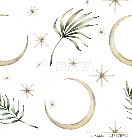 Crescent moon and stars with tropical leaves seamless pattern. Watercolor hand drawn isolated illustration on white background for Muslim holiday Ramadan Kareem design Eid Mubarak baby nursery kids Crescent moon and stars with tropical leaves seamless pattern. Watercolor hand drawn isolated illustration on white background for Muslim holiday Ramadan Kareem design Eid Mubarak baby nursery kids 137276705