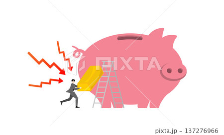 Businessman carrying a heavy gold bullion bar running away from crashing red arrows downward stock market graph to climb a ladder and save wealth in a giant piggy bank Businessman carrying a heavy gold bullion bar running away from crashing red arrows downward stock market graph to climb a ladder and save wealth in a giant piggy bank 137276966