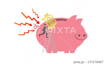 Businessman carrying a large golden Bitcoin symbol and running away from crashing red arrows downward stock market graph to climb a ladder and save digital assets in a giant piggy bank 137276967