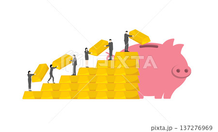 Team of business professionals collaborating to carry gold bullion bars up a rising gold bar chart to deposit into a piggy bank for wealth preservation and stable financial growth Team of business professionals collaborating to carry gold bullion bars up a rising gold bar chart to deposit into a piggy bank for wealth preservation and stable financial growth 137276969