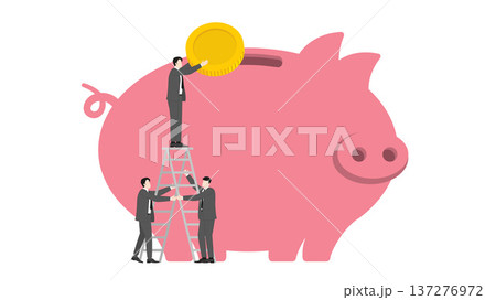 Professional business team providing support by holding a ladder for a colleague to drop a large gold coin into a giant piggy bank representing mutual help for financial success 137276972