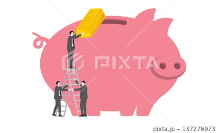 Group of business professionals collaborating and providing safety support by holding a ladder for a teammate to deposit a large gold bullion bar into a giant piggy bank for wealth preservation Group of business professionals collaborating and providing safety support by holding a ladder for a teammate to deposit a large gold bullion bar into a giant piggy bank for wealth preservation 137276973