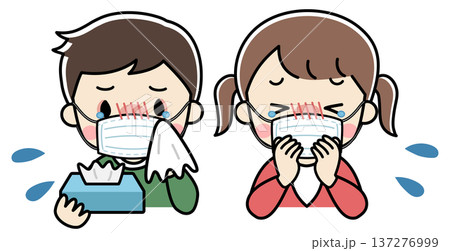 咳が止まらない体調が悪いマスクをした子供たちのイラスト 137276999