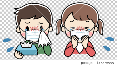 咳が止まらない体調が悪いマスクをした子供たちのイラスト 137276999
