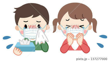 咳が止まらない体調が悪いマスクをした子供たちのイラスト 137277000