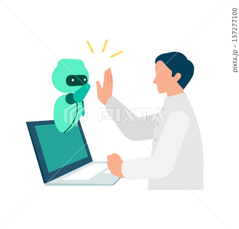 PC作業中にAIロボットとハイタッチして喜ぶ男性 PC作業中にAIロボットとハイタッチして喜ぶ男性 137277100