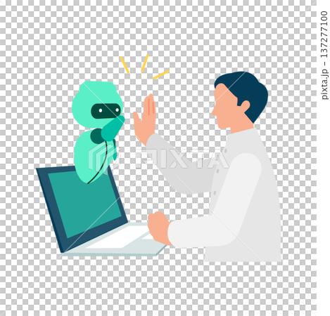 PC作業中にAIロボットとハイタッチして喜ぶ男性 PC作業中にAIロボットとハイタッチして喜ぶ男性 137277100