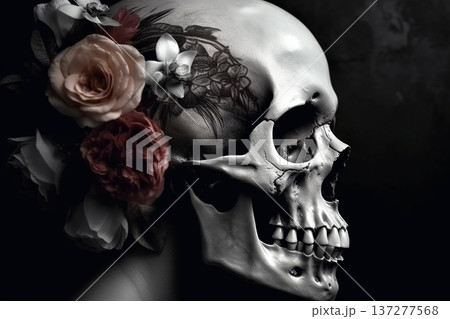 Human skull with flowers. Generative AI Human skull with flowers. Generative AI 137277568