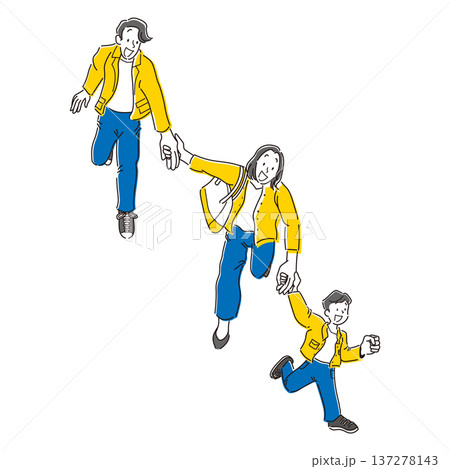 手をつないで笑顔で走る家族の全身のシンプルなイラスト素材 137278143