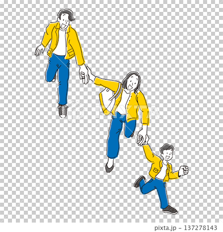 A simple illustration of a family running with a smile holding hands A simple illustration of a family running with a smile holding hands 137278143