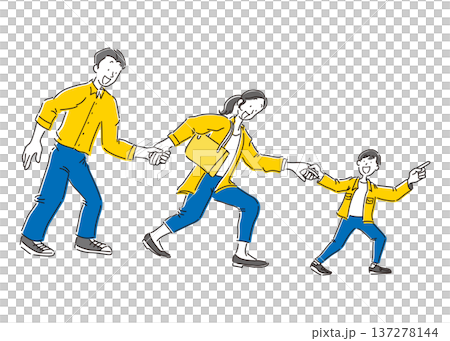 一幅簡單的插圖,描繪了一家人手牽手,微笑著散步。 一幅簡單的插圖,描繪了一家人手牽手,微笑著散步。 137278144