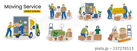 Moving service vector scenes collection. Professional movers loading furniture, packing boxes, carrying items. Flat cartoon illustration with trucks, workers in uniform, household goods 137278513