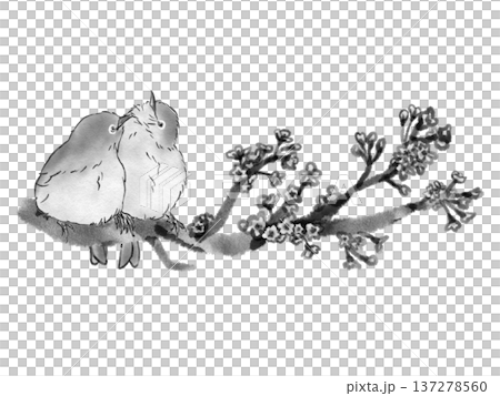 桜の枝で寄り添うメジロ（墨絵風） 137278560