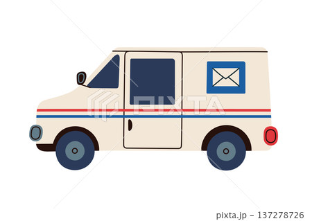 Mail delivery truck illustration. Flat vector cartoon style with postal service vehicle, envelope symbol on side. Transportation, logistics, postal system theme for shipping design, isolated clipart Mail delivery truck illustration. Flat vector cartoon style with postal service vehicle, envelope symbol on side. Transportation, logistics, postal system theme for shipping design, isolated clipart 137278726