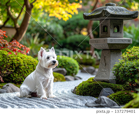 日本庭園の石灯籠と座るウエスティ 137279401
