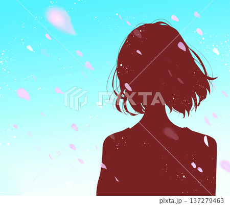 女性　バストアップ　桜吹雪　シルエット 137279463