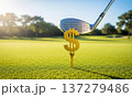 A gold dollar sign depicting a golf ball with a club at impact. The dollar's value fluctuations.  137279486