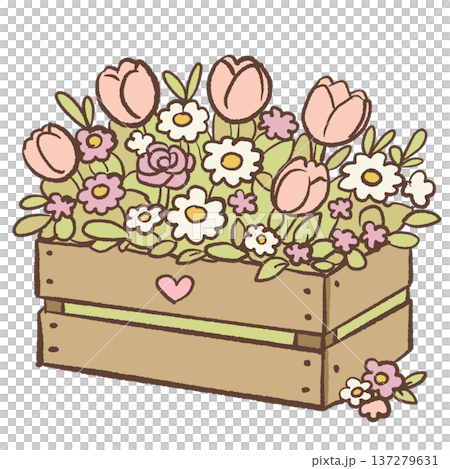Wooden crate filled with spring flowers tulips daisies and roses cute hand drawn floral box illustration rustic garden arrangement for farmhouse decor botanical designs and greeting cards 137279631