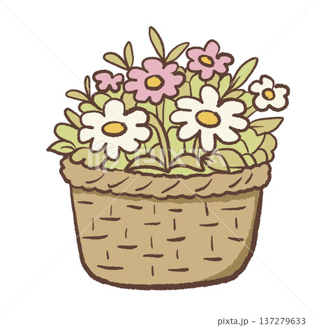 Wicker basket filled with spring flowers daisies and wildflowers cute hand drawn floral arrangement illustration rustic garden basket for botanical designs greeting cards and farmhouse decor Wicker basket filled with spring flowers daisies and wildflowers cute hand drawn floral arrangement illustration rustic garden basket for botanical designs greeting cards and farmhouse decor 137279633