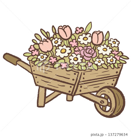 Rustic wooden wheelbarrow filled with spring flowers tulips daisies and roses cute hand drawn garden illustration farmhouse floral arrangement for botanical designs greeting cards and spring decor Rustic wooden wheelbarrow filled with spring flowers tulips daisies and roses cute hand drawn garden illustration farmhouse floral arrangement for botanical designs greeting cards and spring decor 137279634