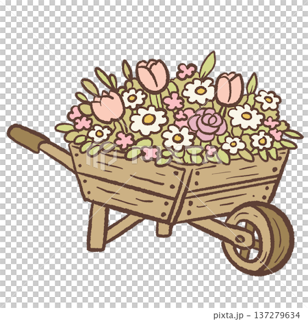 Rustic wooden wheelbarrow filled with spring flowers tulips daisies and roses cute hand drawn garden illustration farmhouse floral arrangement for botanical designs greeting cards and spring decor Rustic wooden wheelbarrow filled with spring flowers tulips daisies and roses cute hand drawn garden illustration farmhouse floral arrangement for botanical designs greeting cards and spring decor 137279634