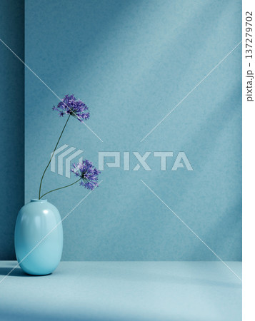 Purple flowers in shiny oval vase on the floor with sunlight shining from above in blue wall room. Purple flowers in shiny oval vase on the floor with sunlight shining from above in blue wall room. 137279702