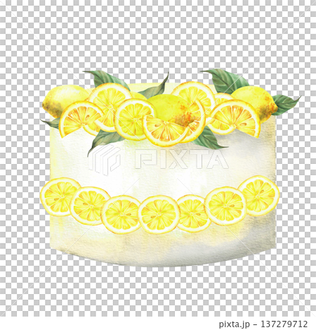 Lemon cake decorated with fresh fruit, slices and leaves. Hand drawn watercolor illustration. Yummy bakery dessert for wedding, birthday dessert, party food festive decor. Isolated from background 137279712