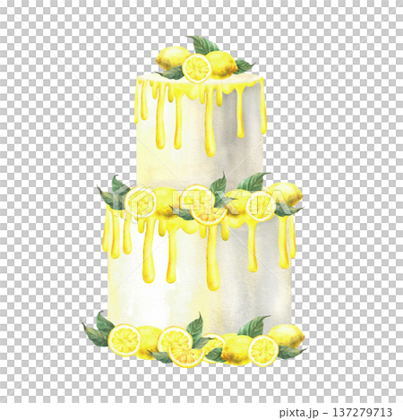 Wedding cake with lemon fruit. Layered white dessert with dripping yellow icing, decorated with whole lemons and slices with leaves hand drawn in watercolor. Isolated from background illustration 137279713