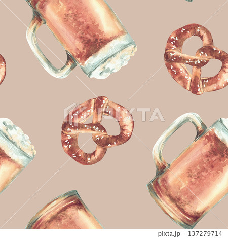 Watercolor Mug of Beer with pretzel seamless pattern. Pint light beer, glass of ale realistic painted Germany food and drink. Hand drawn on isolated beige background illustration. Bavarian Oktoberfest 137279714
