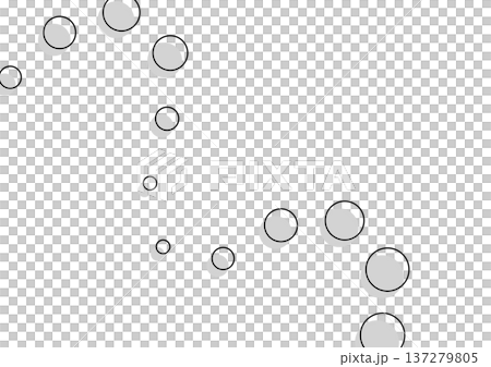 A refreshing line of large and small circles that resemble bubbles and droplets, and a wavy line of floating shaded white dots. 137279805