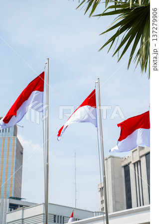 青空の下で掲揚されるインドネシア国旗／国家を象徴する赤白旗 137279906
