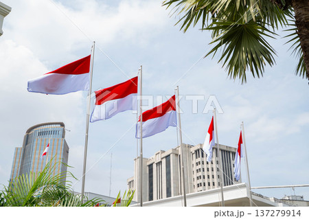 青空の下で掲揚されるインドネシア国旗／国家を象徴する赤白旗 137279914
