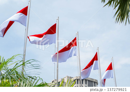 青空の下で掲揚されるインドネシア国旗／国家を象徴する赤白旗 137279921