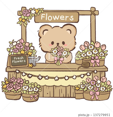 Cute bear selling flowers at wooden flower market stand with bouquets and fresh flower sign kawaii animal florist stall spring garden illustration for shop decor greeting cards and floral designs Cute bear selling flowers at wooden flower market stand with bouquets and fresh flower sign kawaii animal florist stall spring garden illustration for shop decor greeting cards and floral designs 137279951
