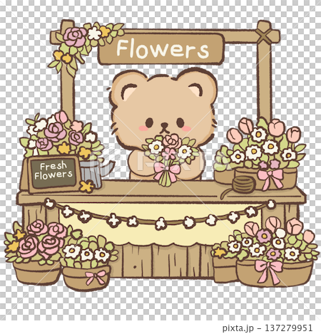 Cute bear selling flowers at wooden flower market stand with bouquets and fresh flower sign kawaii animal florist stall spring garden illustration for shop decor greeting cards and floral designs Cute bear selling flowers at wooden flower market stand with bouquets and fresh flower sign kawaii animal florist stall spring garden illustration for shop decor greeting cards and floral designs 137279951