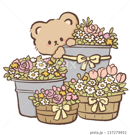 Cute bear florist arranging flowers in buckets and baskets with roses tulips and daisies kawaii animal flower shop illustration spring garden florist scene for greeting cards and floral designs Cute bear florist arranging flowers in buckets and baskets with roses tulips and daisies kawaii animal flower shop illustration spring garden florist scene for greeting cards and floral designs 137279952