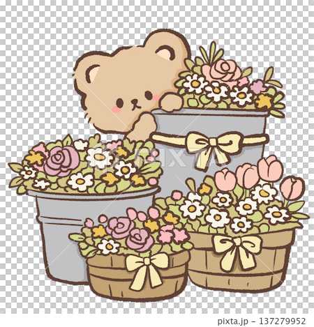 Cute bear florist arranging flowers in buckets and baskets with roses tulips and daisies kawaii animal flower shop illustration spring garden florist scene for greeting cards and floral designs Cute bear florist arranging flowers in buckets and baskets with roses tulips and daisies kawaii animal flower shop illustration spring garden florist scene for greeting cards and floral designs 137279952