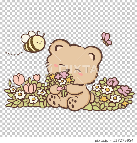 Cute bear smelling small flower bouquet surrounded by spring flowers with bee and butterfly kawaii animal garden illustration with tulips daisies and roses for greeting cards nursery decor and floral Cute bear smelling small flower bouquet surrounded by spring flowers with bee and butterfly kawaii animal garden illustration with tulips daisies and roses for greeting cards nursery decor and floral 137279954