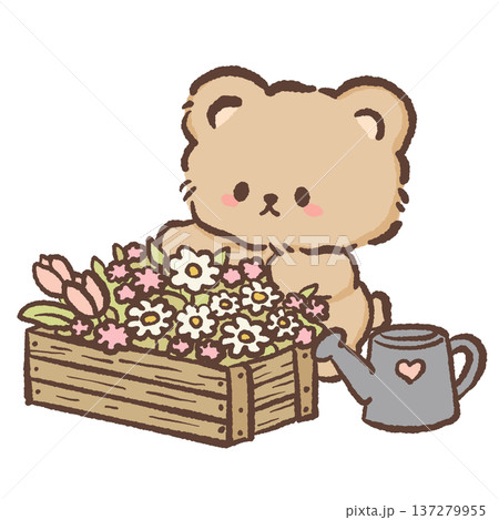Cute bear watering spring flowers in wooden crate with watering can kawaii gardener bear illustration with tulips daisies and roses garden scene for floral designs greeting cards and nursery decor Cute bear watering spring flowers in wooden crate with watering can kawaii gardener bear illustration with tulips daisies and roses garden scene for floral designs greeting cards and nursery decor 137279955